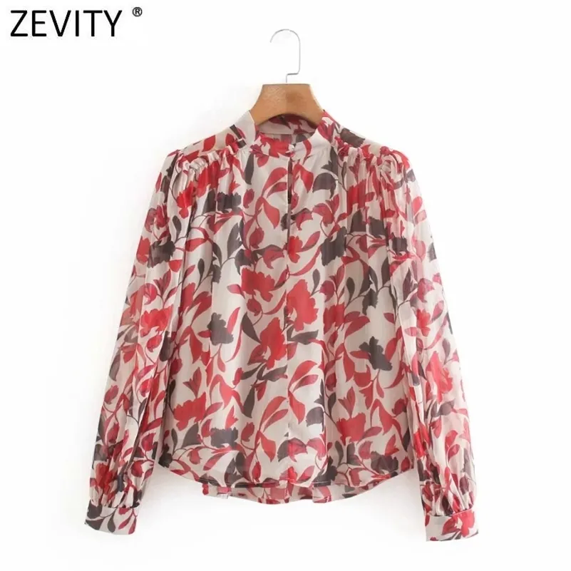 Kobiety Moda O Neck Flower Print PathCwork Szyfonowa Smock Bluzka Biuro Panie Koszule Chic Blusas Topy LS7373 210416