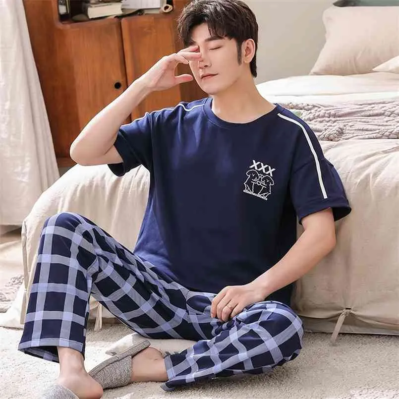 Plus Größe Baumwolle Casual Plaid Kurzarm Lange Hosen Pyjama Set für Männer koreanische Nachtwäsche Anzug Pyjama Männliche Homewear Hause kleidung 210812