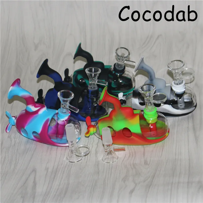 Novel Submarine Shape Water Hookahs Tobacco Smoking Pipes Unbreakable Dry Herbal Silicone Smoke Bongs With Glass Filter Bowls