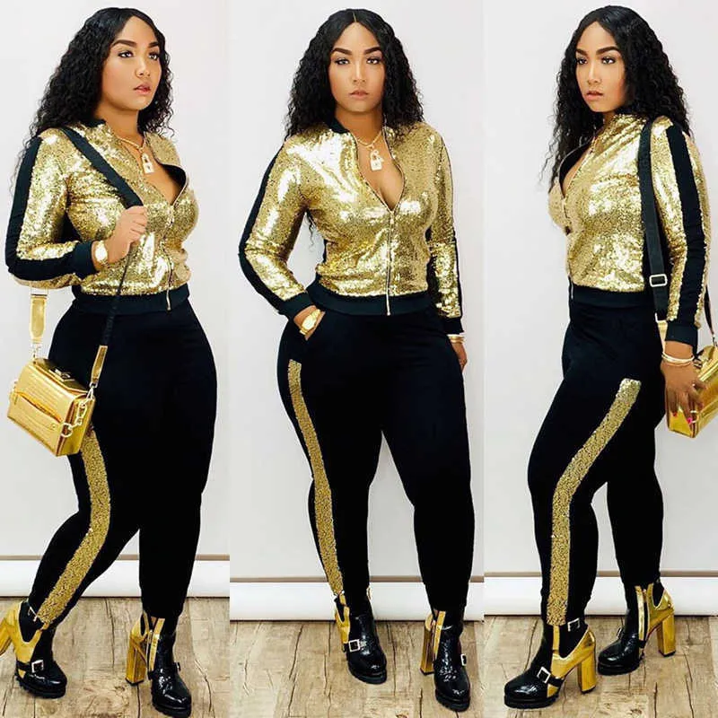 Autumn Winter Sequin 2 Piece Set Women Tracksuit Long Sleeve Jacket Top Pants Suit Streetwear Sparkly Matching Sets Club Outfits Y0625