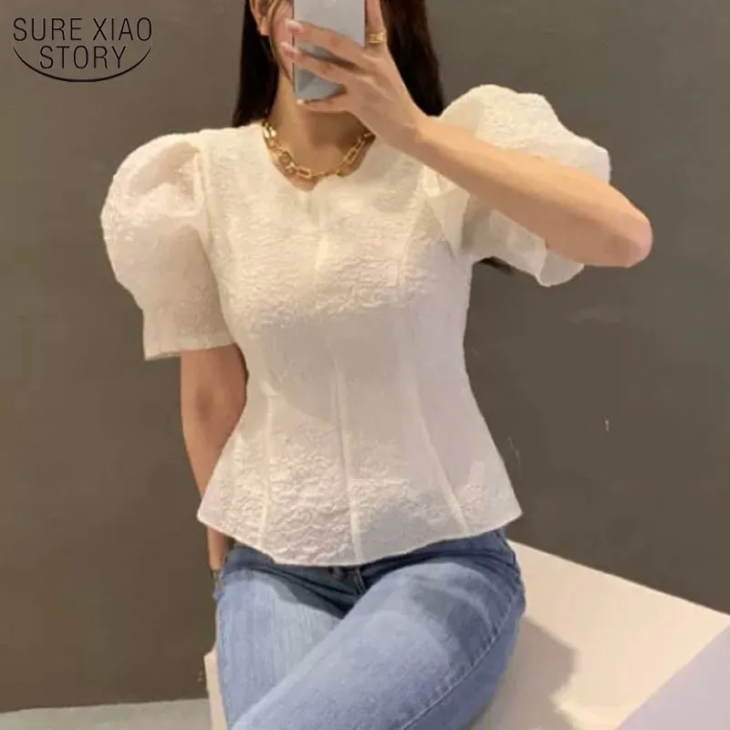 Korea Style Chic Bubble Sleeve Round Neck Women Blosue Short Slim Shirt Office Lady Top Female 13945 210508