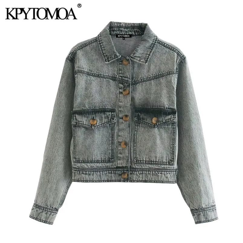 Kvinnor Fashion Acid Wash Cropped Denim Jacket Coat Långärmade fickor Kvinnliga Ytterkläder Chic Toppar 210420