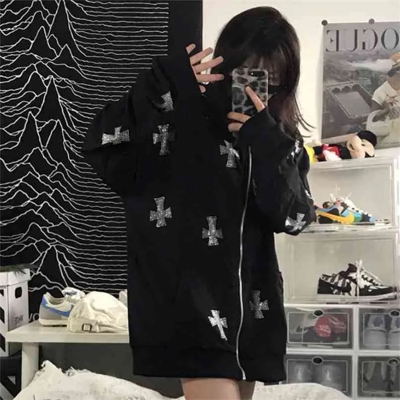 HIP HOP Joggers Sweatshirt Koreaanse Mode Punk Sport Jas Pullover Gothic Lange Mouw Zip Hoodie Y2K Jas Dames 210922