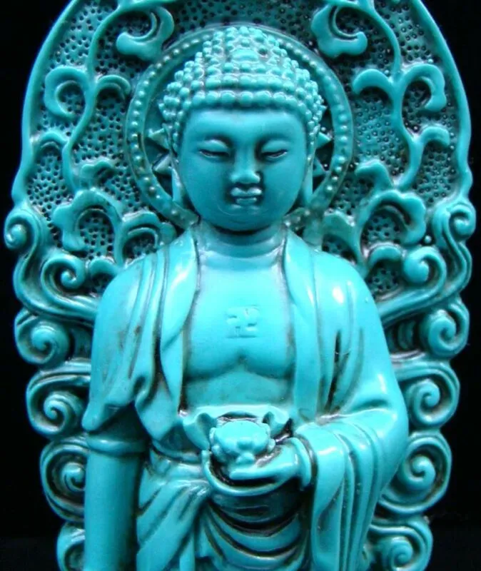 Statua scolpita a mano cinese turchese naturale Buddha base di loto religione verde