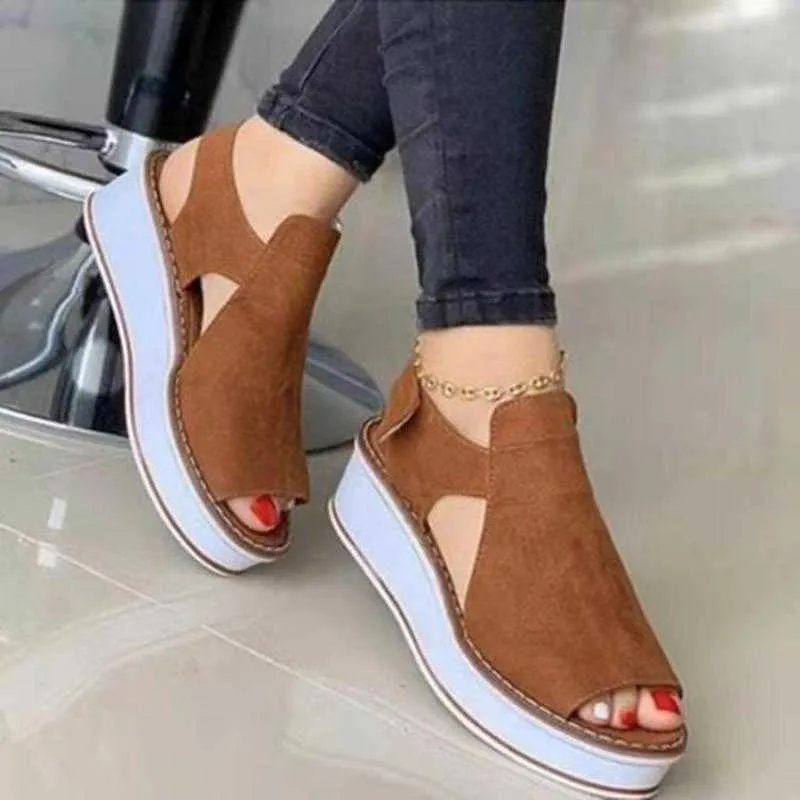 2021 Yaz Casual Takozlar Kadın Sandalet Moda Nefes Orta Topuk Katı Renk Ayakkabı Kadın Ayakkabı Yuvarlak Toe Lady Balık Ağız Y0721