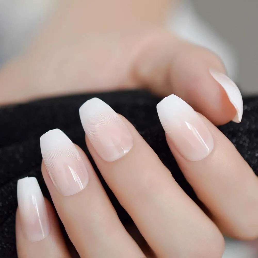 Pink Nude White Ombre Nails French Ballerina Coffin Gradient Natural Manicure Press on Fake Nail Tips Daily Office Finger Wear