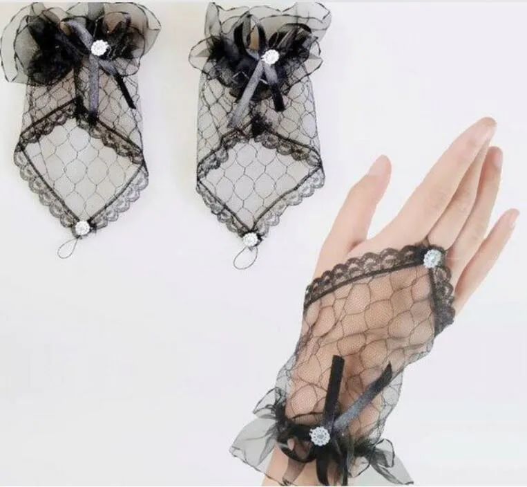 New Bride Wedding Gloves Fingerless Lace Short Yarn Black Bow Gloves Women Vintage Fishnet Ruffle Wrist Glove