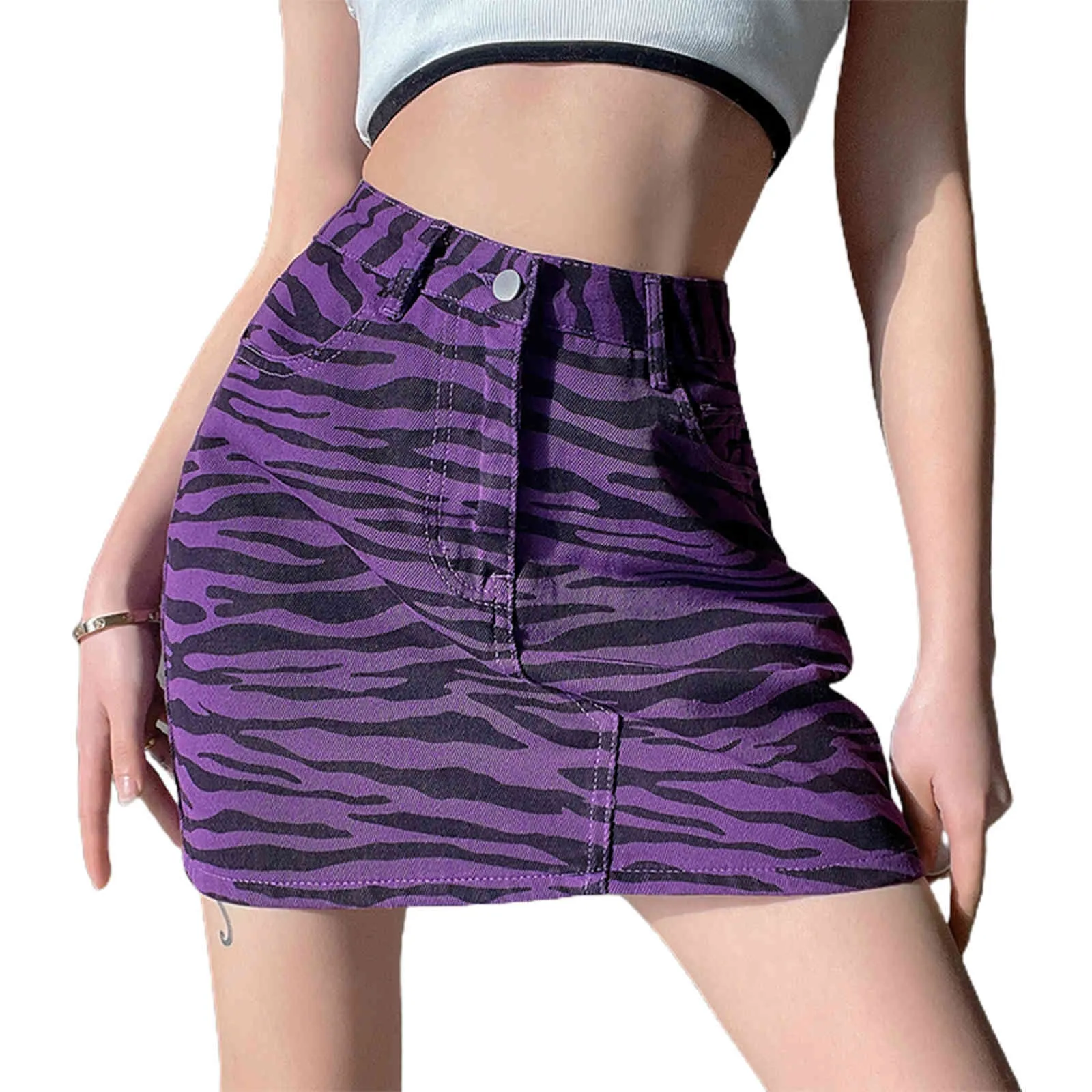 2021 Women's Mini Denim Skirt, High Waist Leopard Print A-Line Short Pencil Skirt with Pockets X0428