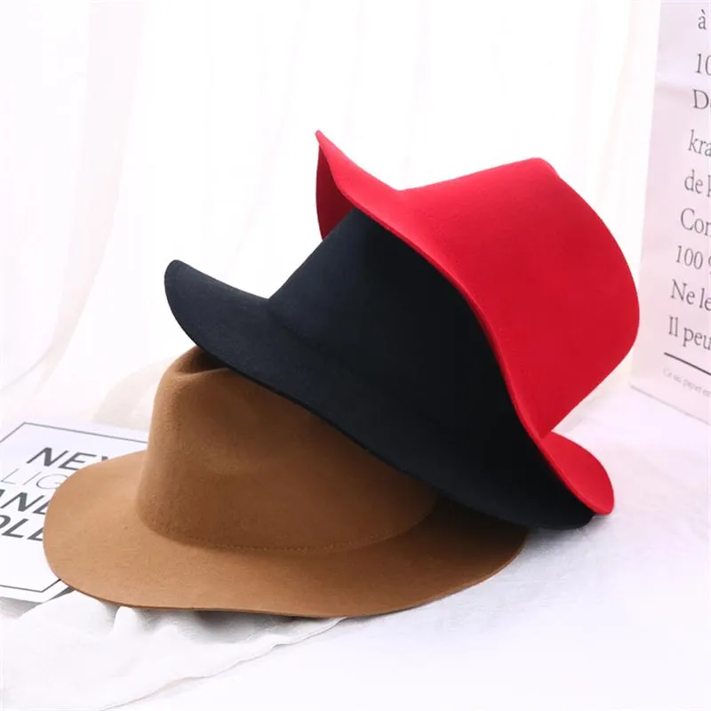 Wavy brim fedora hat women artificial wool Solid color fall cap for female fashionable Felt hats Vintage Hats classic sombrero