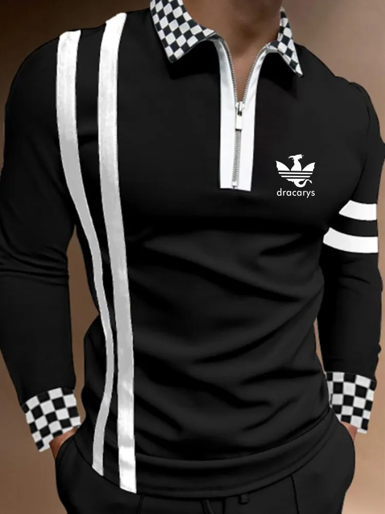 Mens Fashion Brand Patchwork Striped Long Sleeve Polo Shirt Male