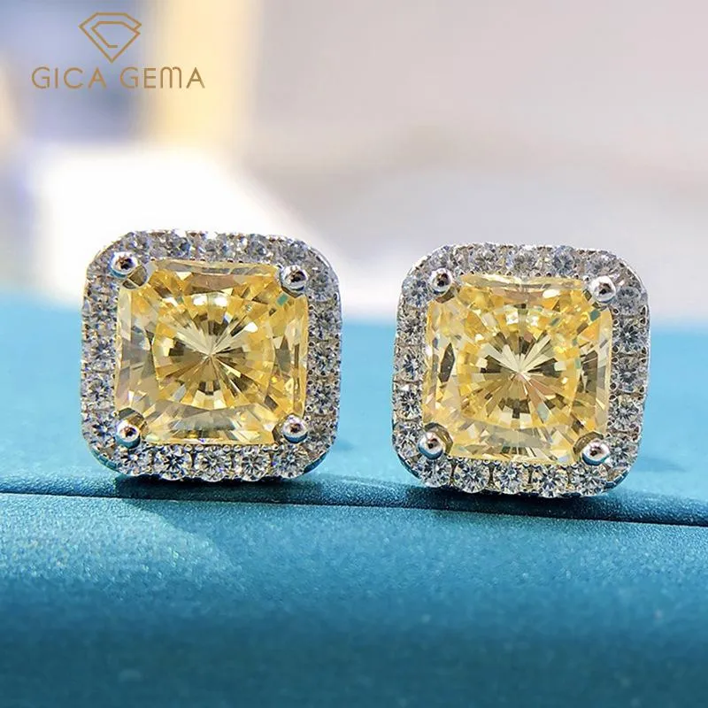 Stud Gica 925 Sterling Silver 7 * 7mm Rosa Amarelo Amarelo Brincos de Diamante de Carbono para Mulheres Sparkling Casamento Fine Jóias Presente