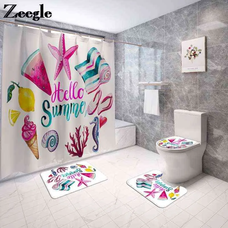4pcs Summer Shower Curtain Mat Bathroom Toilet Non-slip Absorbent Carpet Rugs for Bathroom Bath Carpet Bath Mat Set