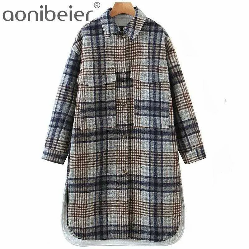 Blended Long Shirt Spring Autumn Drop Shoulder Sleeve Slit Side Single Breasted Women Plaid Blouses Female Tops 210604