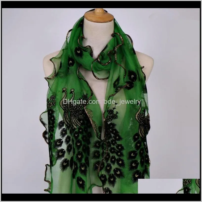 new design women chiffon peacock feather flower embroidered lace stylish scarf long soft wrap shawl ladies scarf