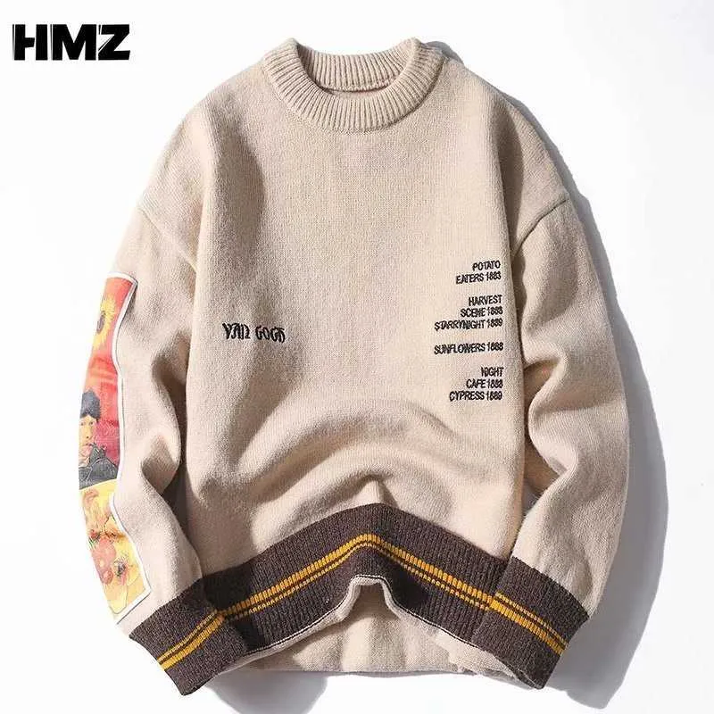 HMZ Van Gogh manches Patchwork pull en tricot pull pour hommes Hip Hop broderie col rond pulls en tricot haut 210909
