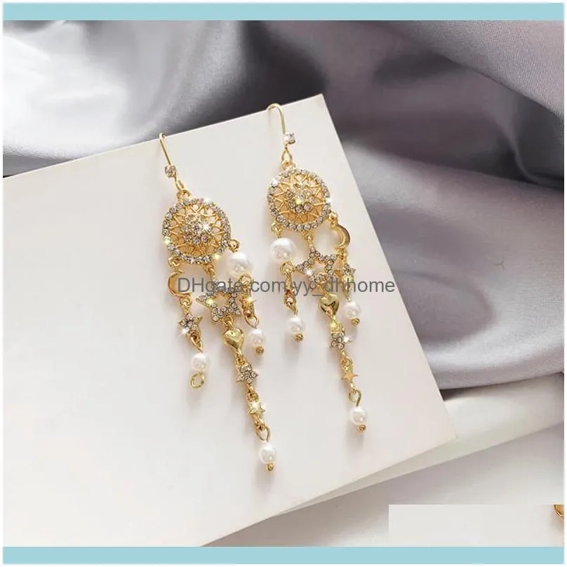 Dangle & Chandelier Korea Trendy Imitation Pearls Long Tassel Earrings For Women Dreamcatcher Stars Crystal Statement Party Jewelry