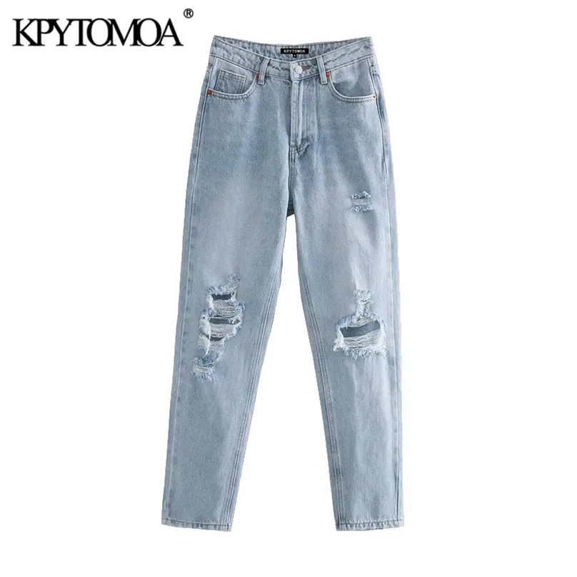 KPYTOMOA Kadınlar Chic Moda Yırtık Delik Yan Cepler Kot Vintage Yüksek Bel Fermuar Fly Denim Kadın Ayak Bileği Pantolon Mujer 210922