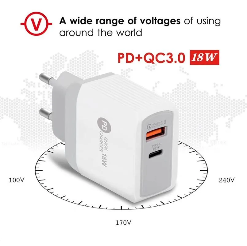 18W PD + QC3.0 Typ C laddare Fast Wall Chargers EU UK US Plug för iPhone Xiaomi Samsung grossistpris