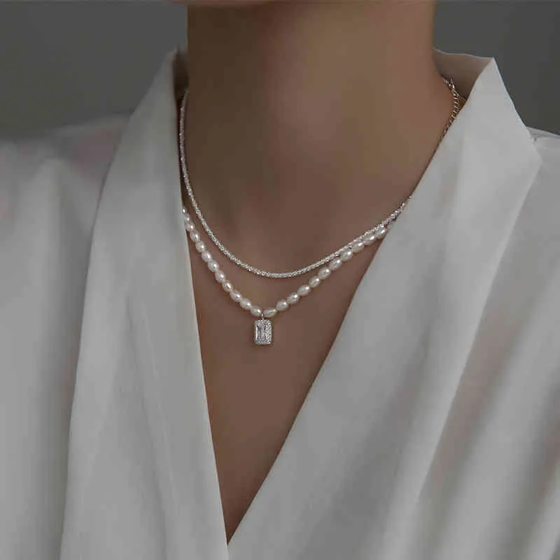 Mloveaccc 100% autentisk 925 Sterling Silver Pearl Square Zircon Korta Choker Halsband Hängsmycke Smycken