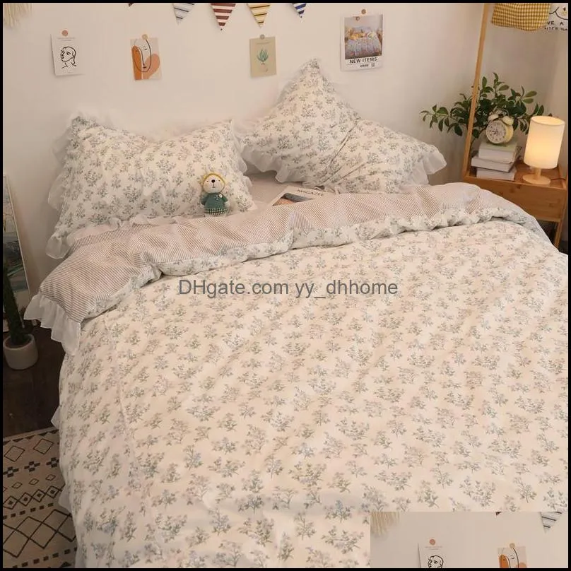 Bedding Sets INS Korean Style Lace Small Floral Three-Piece Set Pure Cotton Idyllic Bed Sheet Quilt Cover 1.8 M Four-Piece