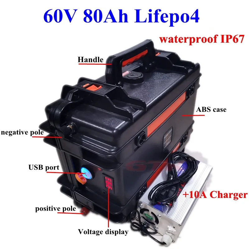 Batterie au lithium étanche LiFepo4 60V 60Ah 80Ah 100Ah avec BMS pour bateau électrique motos alimentation extérieure RV + chargeur 10A