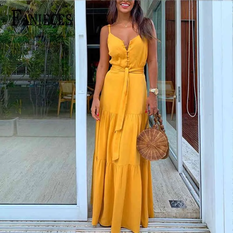 Women's Sling Long Floor-Lengt Dresses arrival Summer Solid yellow green V-Neck Sleeveless Party Maxi Dress Casual Sundress 210520