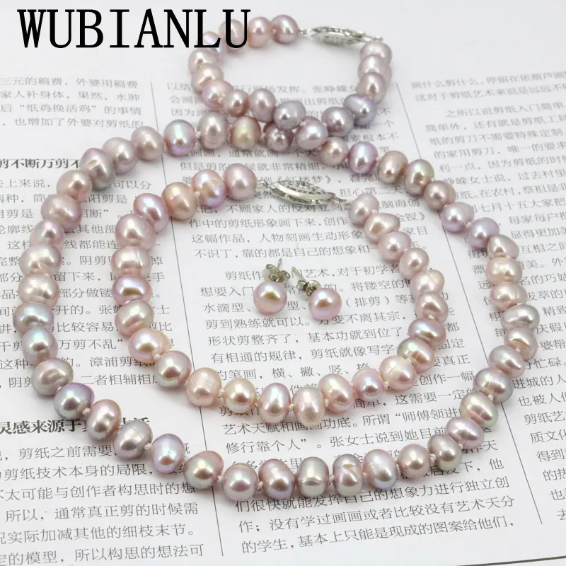 Wubianlu Purpel Pearl Sets Fish Clasp 7-8mm Halsband 18 Armband 7,5 tum Örhängen Kvinnor Smycken Göra design