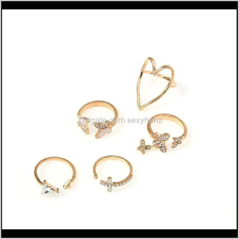 women rings set new vintage gold color ring sets 5pcs/set open size open adjustable cz zircon hollow heart butterfly rings