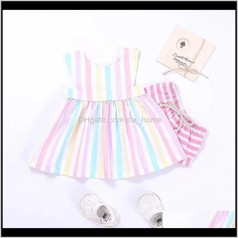 girls rainbow dress stripes sweet princess dresses sleeveless cotton pleated round neck summer baby girls skirt 9m-4t