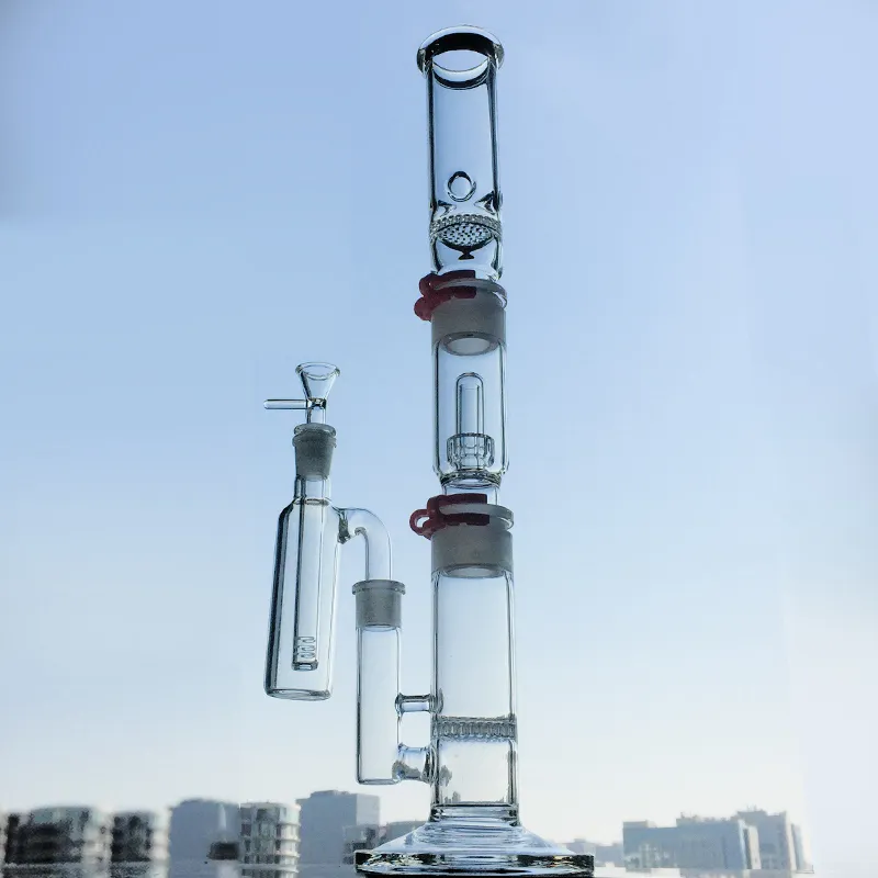 Bong en verre percolateur droit narguilé peigne disque Perc 3 chambres avec pince en plastique Keck cendrier dôme pomme de douche 18mm joint femelle Bongs avec bol