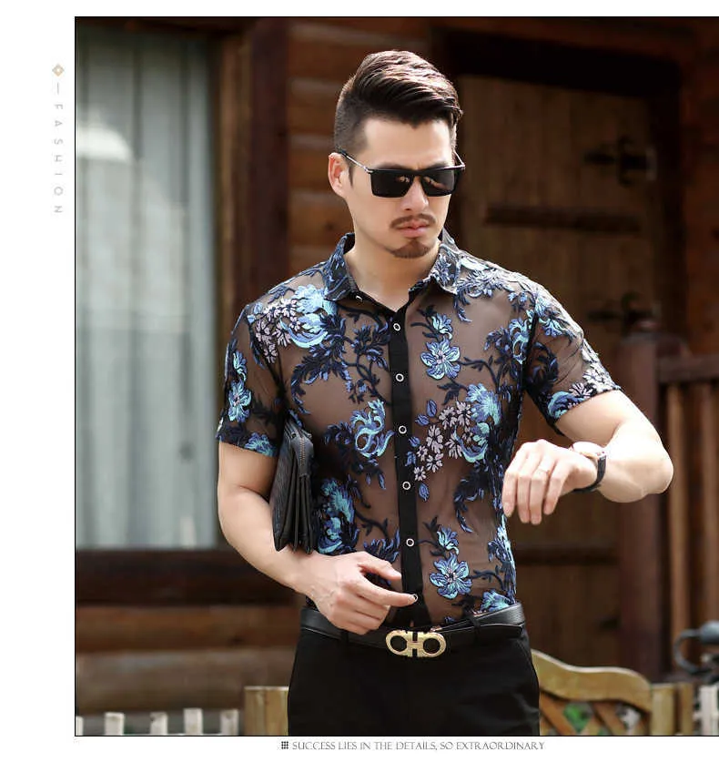 Luxury Floral Lace Shirt: Sheer, Embroidered, Short Sleeve