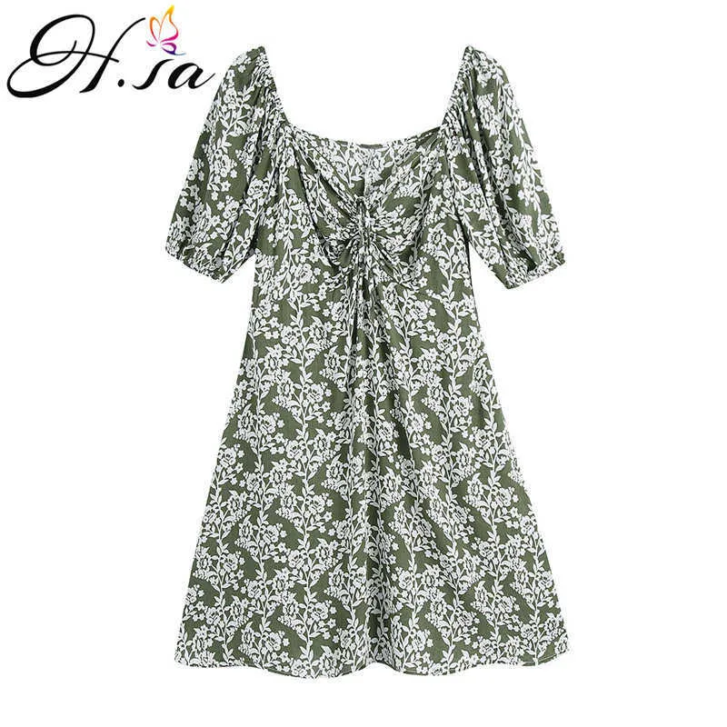 HSA Summer Women Ruffled Short-Sleeved Chiffon Dress V-Neck High Waist Backless Sexy Blommig Print Beach Dresses 210716