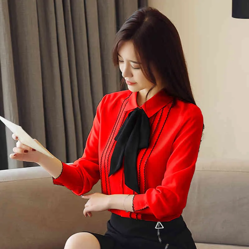 Front bow tie Long-sleeved chiffon shirt spring Women's clothing solid White red bottom Blouses 683A7 210420