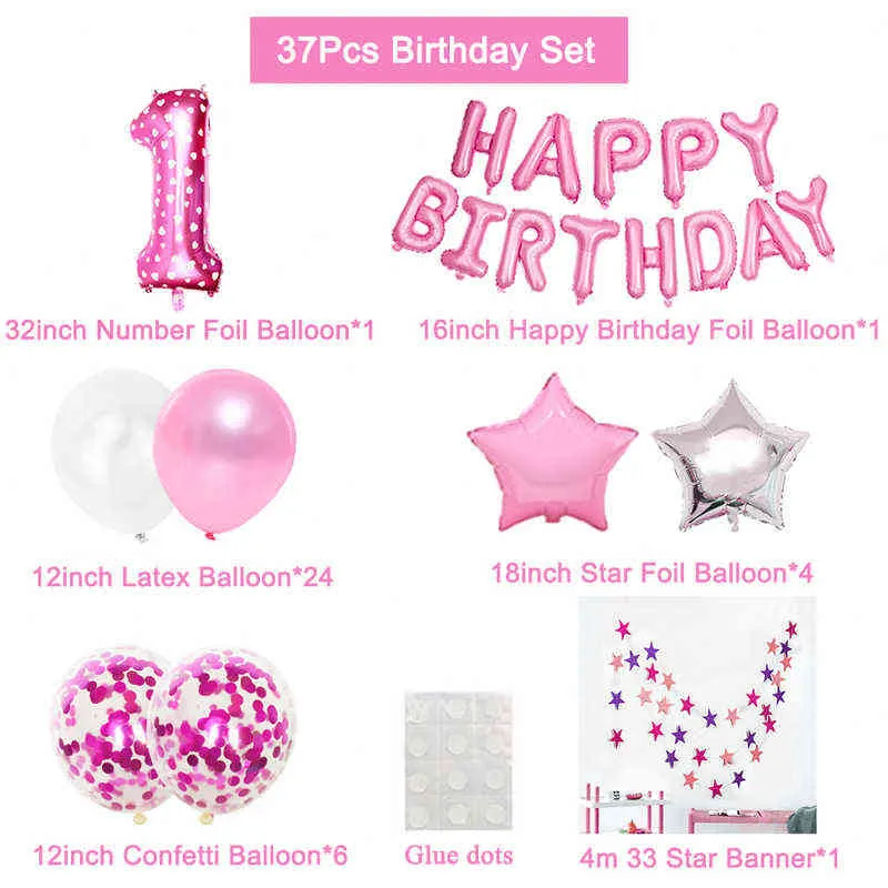 Acheter 12pcs nombre feuille or rose ballons en latex joyeux anniversaire  fête décoration enfants bébé fille 1er 1 2 3 4 5 6 7 8 9 un ans