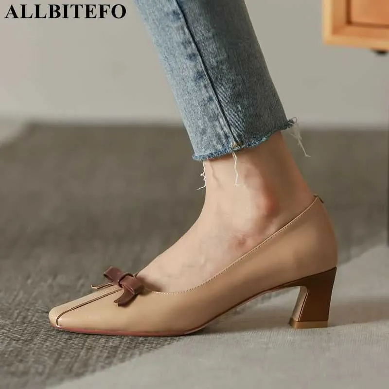 ALLBITEFO arrivent en cuir véritable nœud papillon mariage femmes talons chaussures chaussures à talons hauts marque talon épais bureau dames chaussures 210611