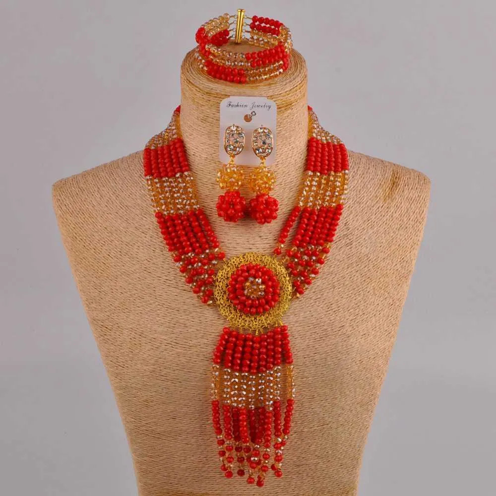 opaque red and champagne gold ab costume necklace african wedding beads jewelry set crystal 6CLS H1022