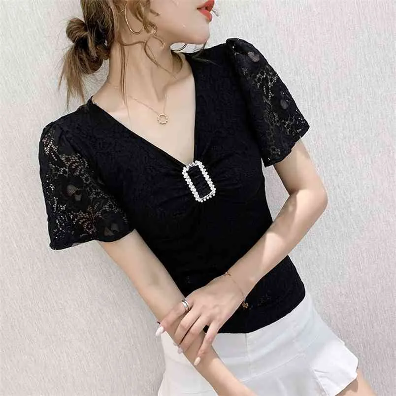 Summer Casual T-shirt Lace Werter Buckle Lotus Leaf Sleeve V-Neck Top Women T Shirt Plus Size 210507