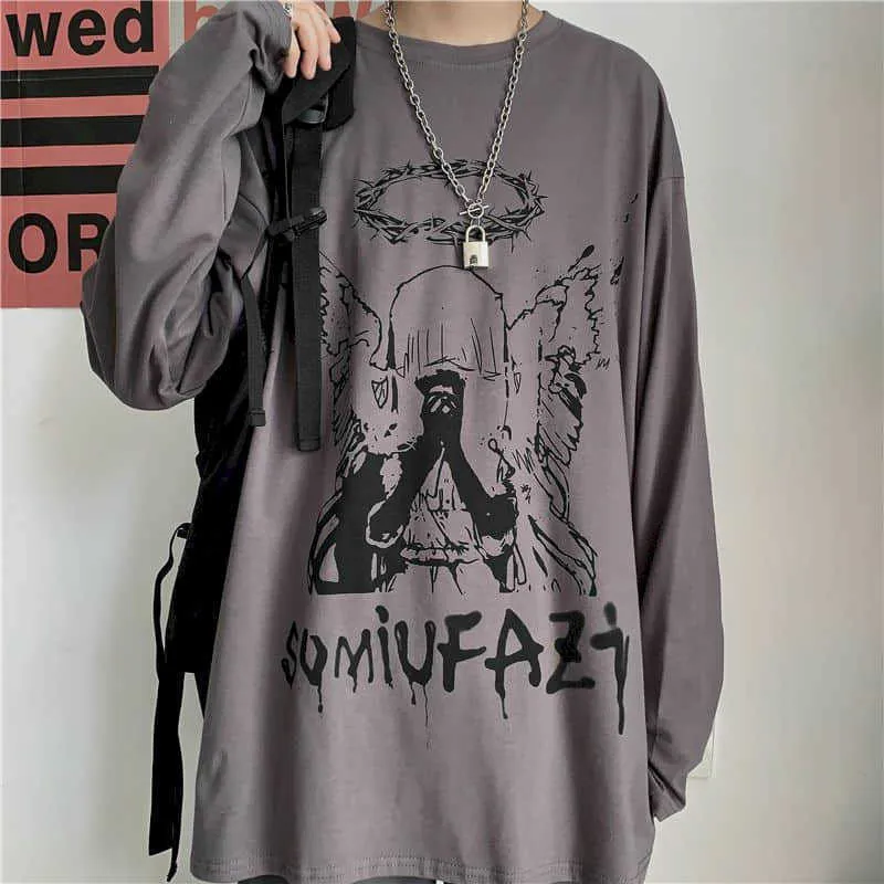 Long-sleeved T-shirt men women autumn loose large size Hong Kong style trend Korean Harajuku student t-shirt top bottoming tops 210526