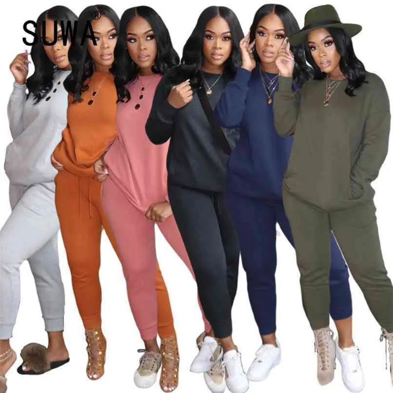 Cor Sólida Sexy Fitness Wear Tracksuit 2 Peças de Correspondência Conjuntos Das Mulheres Outfits Manga Longa Suéter e Sweatpants Terno 210525