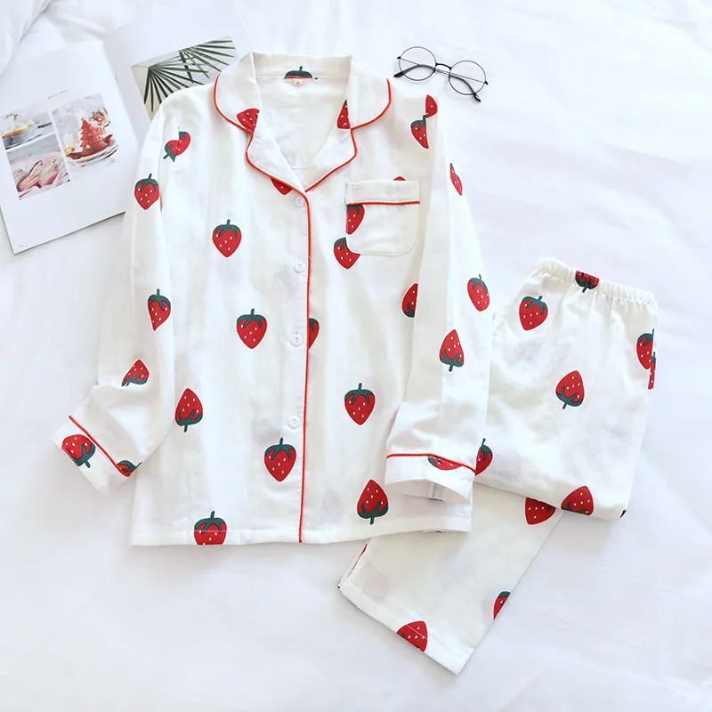 Bomull Gauze Frukt Blomstryck Tjejer Pajama Set Långärmade fickor T-shirts Top Loose Pants SleepWear Women Sets 2021 Kawaii X0526