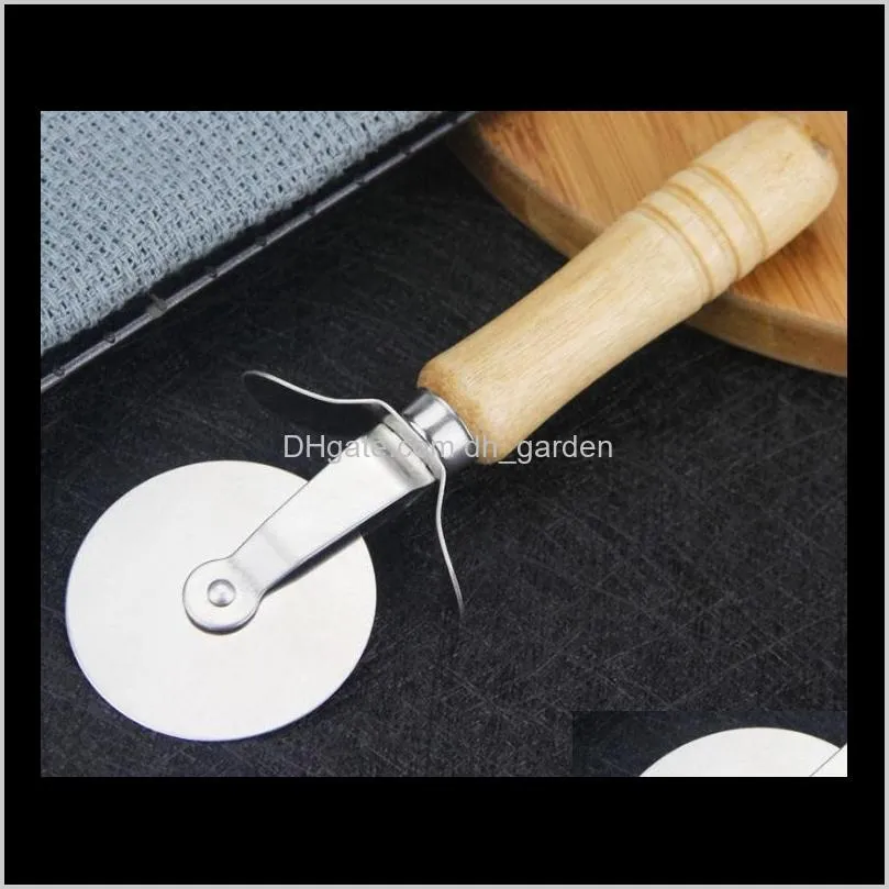 round pizza cutter knife stainless wood handle steel pastry nonstick pizza cutter wheel slicer blade grip sn2052