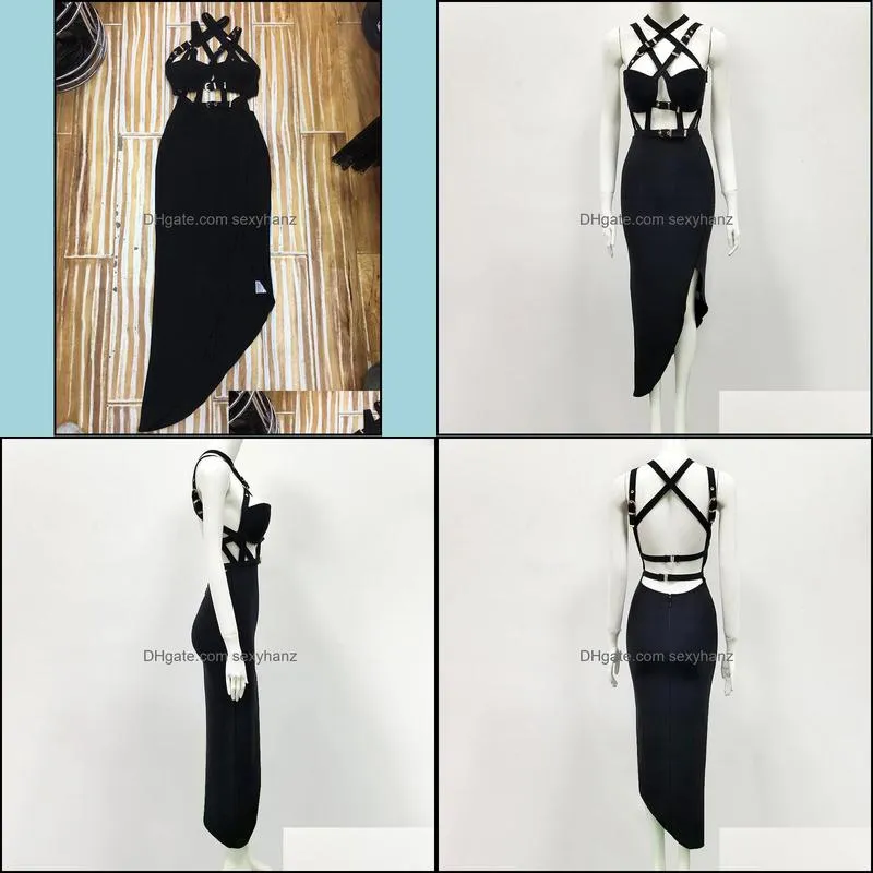 Casual Dresses High Quality Black Open Fork Keyhole Rayon Bandage Dress Evening Party Elegant