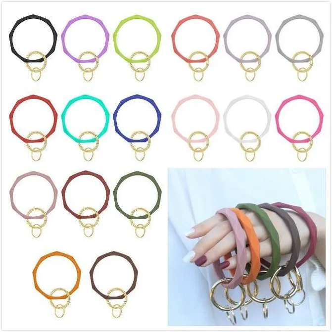 DHL 17 Colors Silicone Keychain Bangle Keychain Bracelets Keyring O Shaped Wristlet Bracelet Circle Charm Key Ring Holder Wristbands