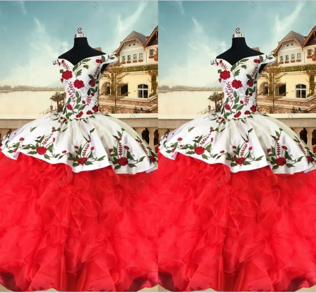 2023 빈티지 자수 Quinceanera 드레스 볼 가운 어깨 주름 오기에 오간자 새틴 스위트 16 여자 프롬 대회 대회 드레스 242o