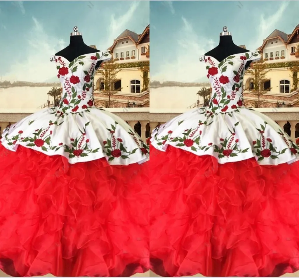 2023 Vintage Geborduurde Quinceanera Jurken Baljurk Uit De Schouder Ruches Organza Satijn Sweet 16 Meisjes Gala Pageant Dress242o