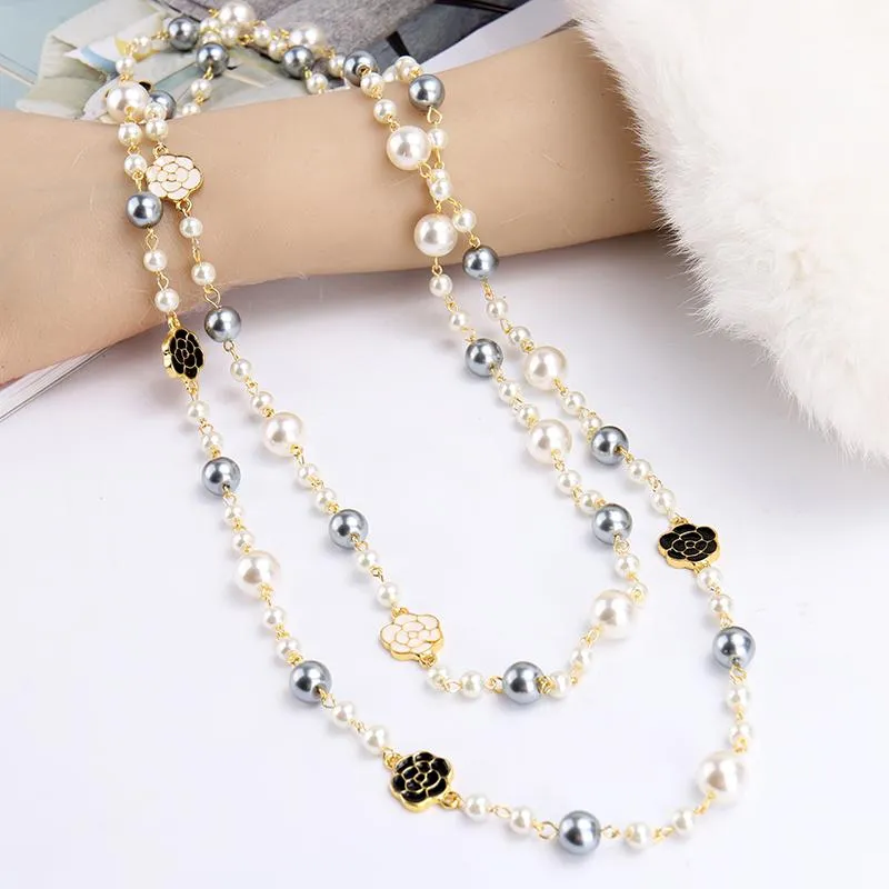 Chaînes longues collier de perles de camélia pour femmes fleur double couche Collane Lunghe Donna Maxi fête bijoux cadeau