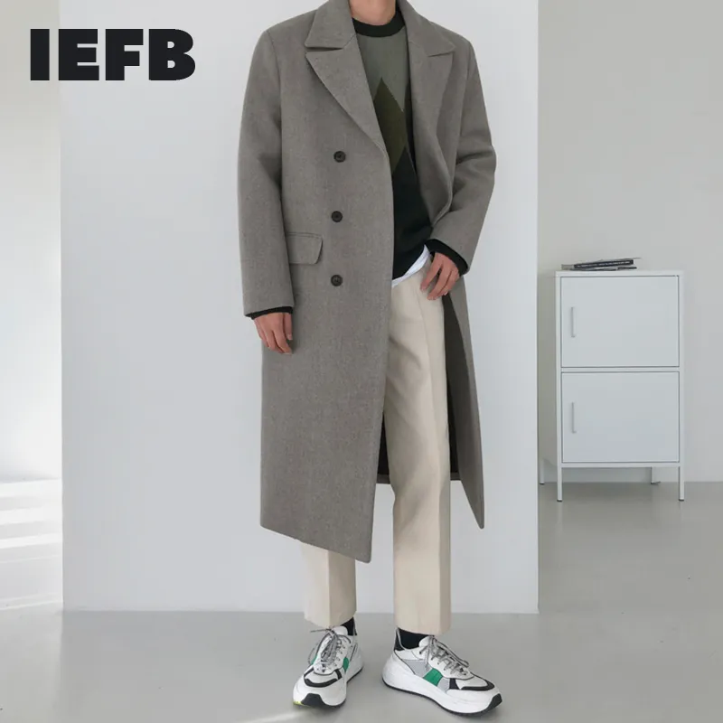 무릎 위로 겨울 두꺼운 느슨한 더블 브레스트 따뜻한 롱 코트 9Y4486 210524에 대한 IEFB 모직 코트 남자의 한국어 패션