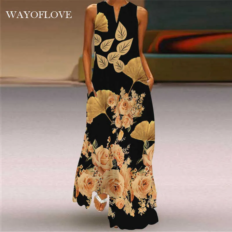 Wayoflove Golden Rose Print Dress Kvinnor Elegant Casual Plus Storlek Långa Klänningar Sommar Kvinna Ärmlös Tjej Beach Maxi Dress 210602