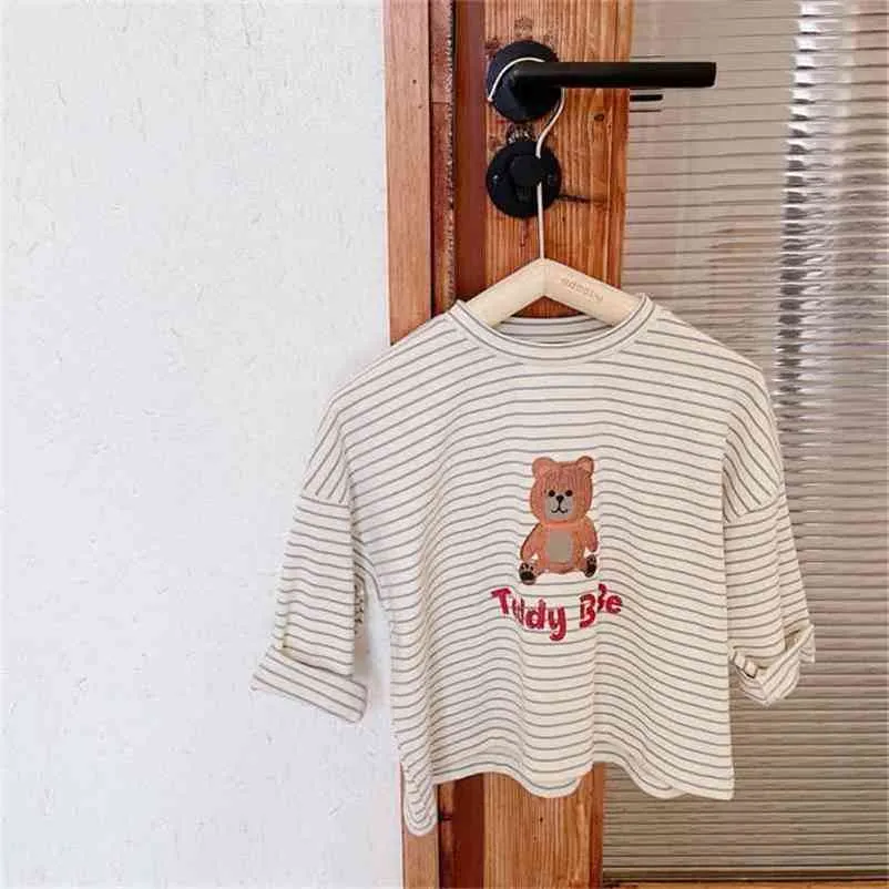 Spring Arrival Girls Long Sleeve Cartoon Bear T Shirt Kids Striped Tops Kid Clothes 210528