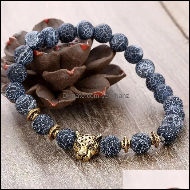 New Seven Chakras Energy Stone Leopard Head Bracelet Natural Stone Stretch Braided Bracelet Care Beaded Black Lava Rock Yoga Bracelet